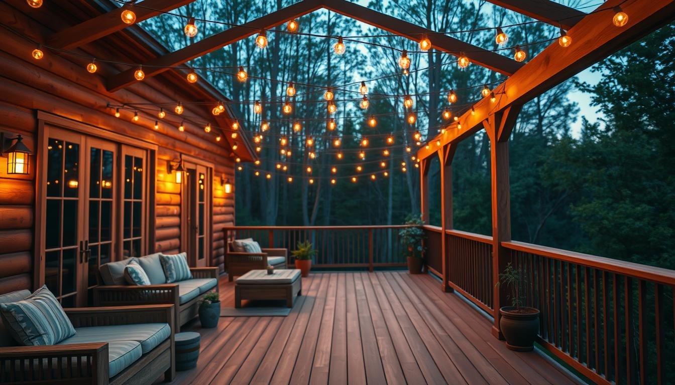 Beautifully lit deck with string lights creating a magical evening atmosphere