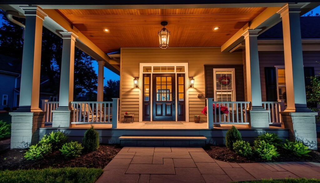 Beautifully lit front porch at twilight showcasing perfect lighting design