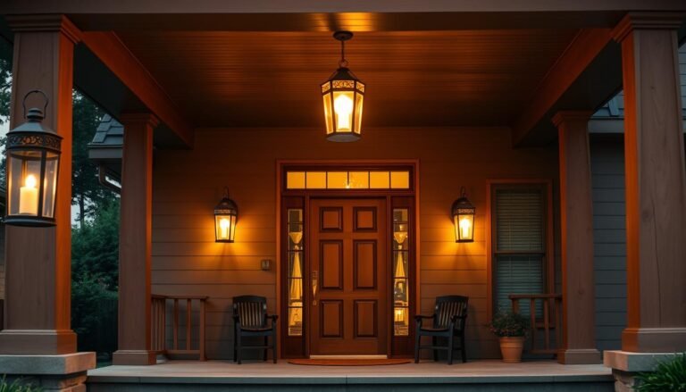 Beautifully lit front porch with warm glowing lanterns creating a welcoming atmosphere