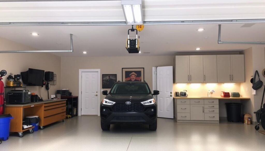 Beautifully lit garage with combination of lighting types creating perfect workspace