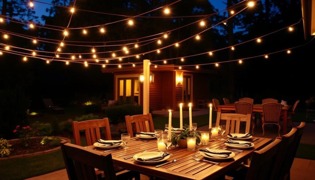 Beautifully lit outdoor dining area with overhead string lights and candle centerpieces