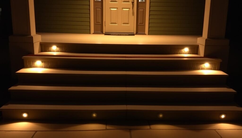 Beautifully lit porch steps with recessed lights creating a safe and inviting entrance
