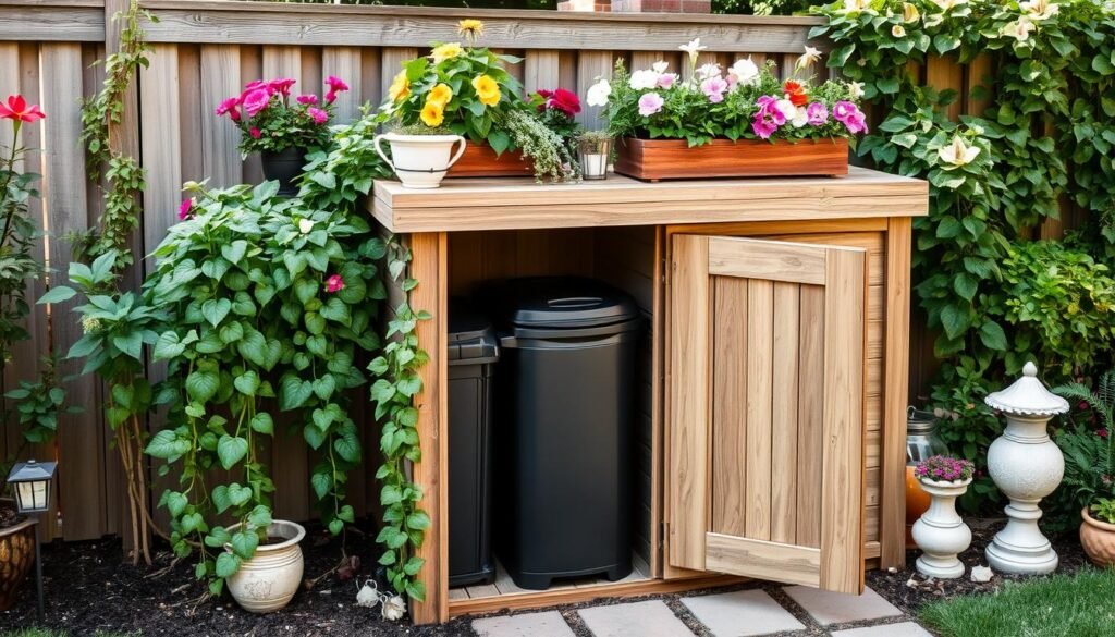 Beautifully styled garbage can storage outdoor with planters and decorative elements Beautifully styled garbage can storage outdoor with planters and decorative elements