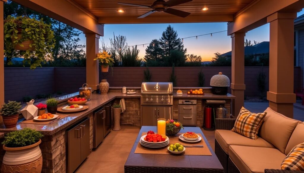 Beautifully styled outdoor kitchen with accessories and lighting