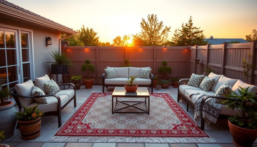 Beautifully styled patio with perfect outdoor rug creating a complete outdoor room