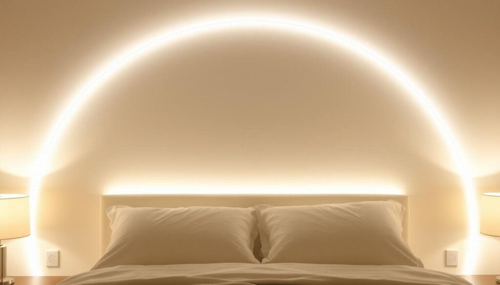 Bed headboard backlit with LED strip lights creating a halo effect