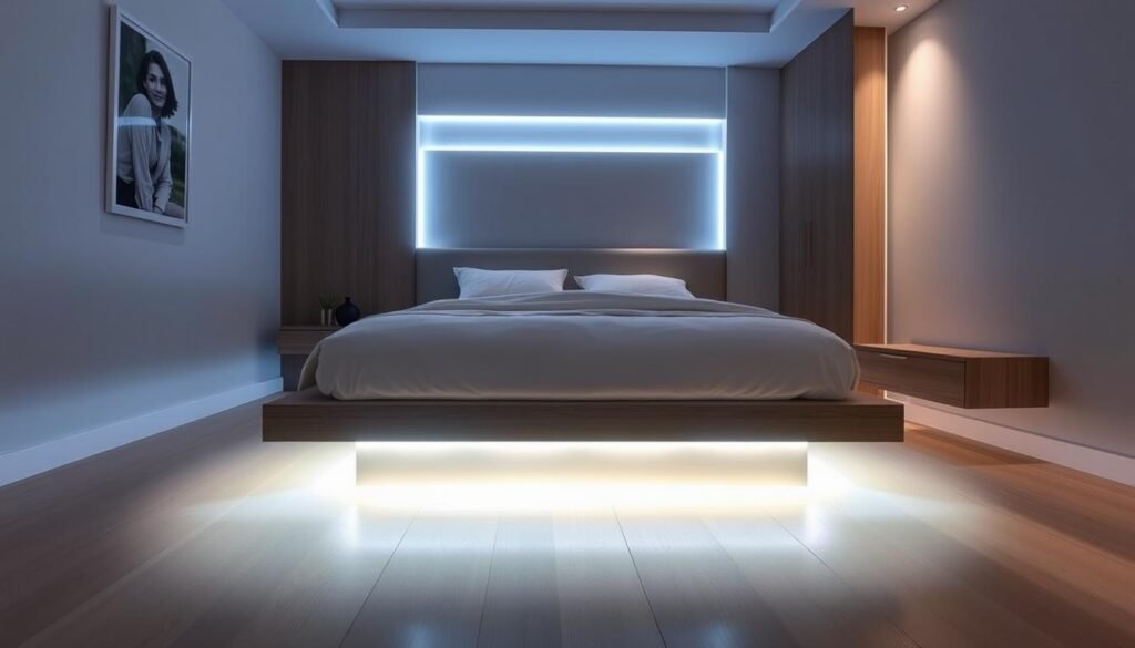 Bed with LED strip lights underneath creating a floating effect