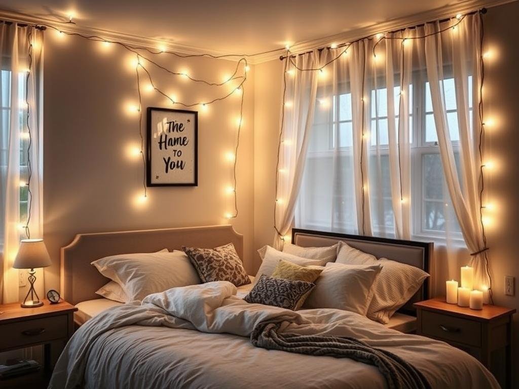 Bedroom with layered lighting including string lights and other sources