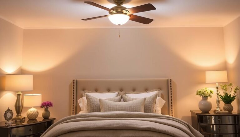 Bedroom with layered lighting showing ambient, task, and accent lights creating a cozy atmosphere