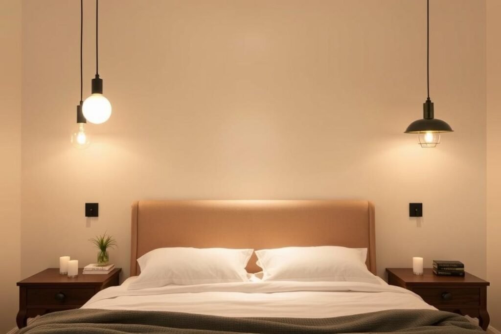 Bedroom with pendant lights hanging on either side of the bed instead of table lamps