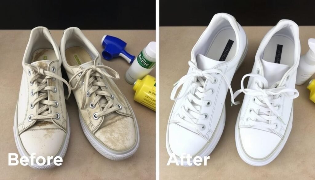 Before and after cleaning white tennis shoes