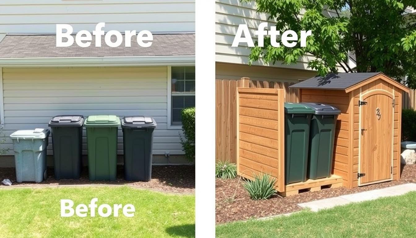 Before and after comparison of a backyard with and without garbage can storage outdoor solutions