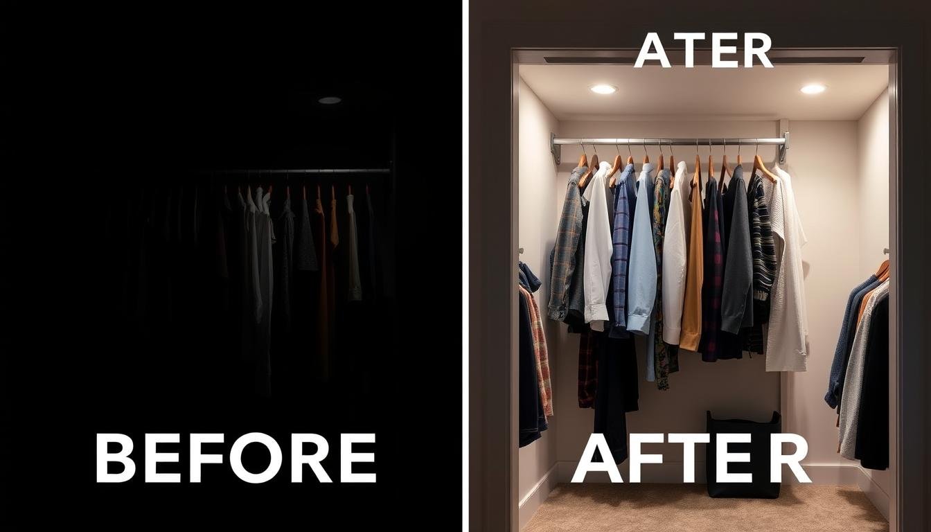 Before and after comparison of a closet with proper lighting showing dramatic improvement in visibility and organization