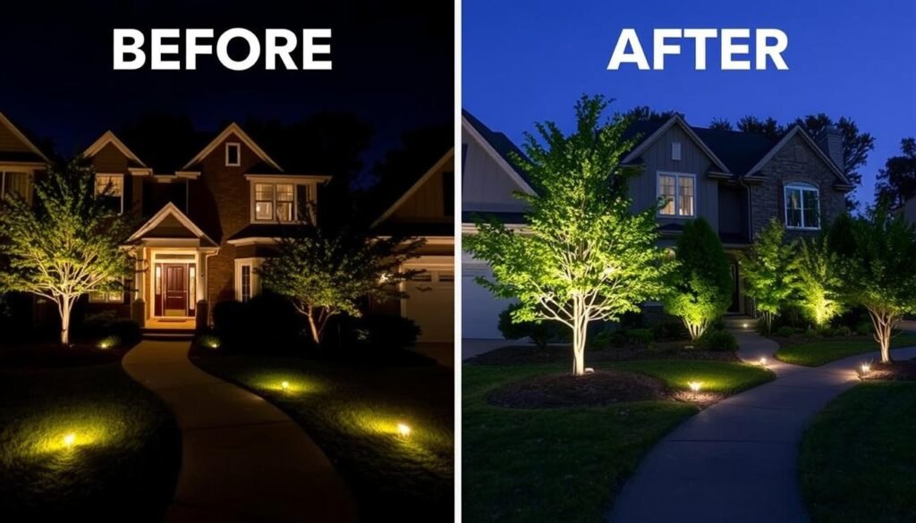 Before and after comparison of a home exterior with professional landscape lighting