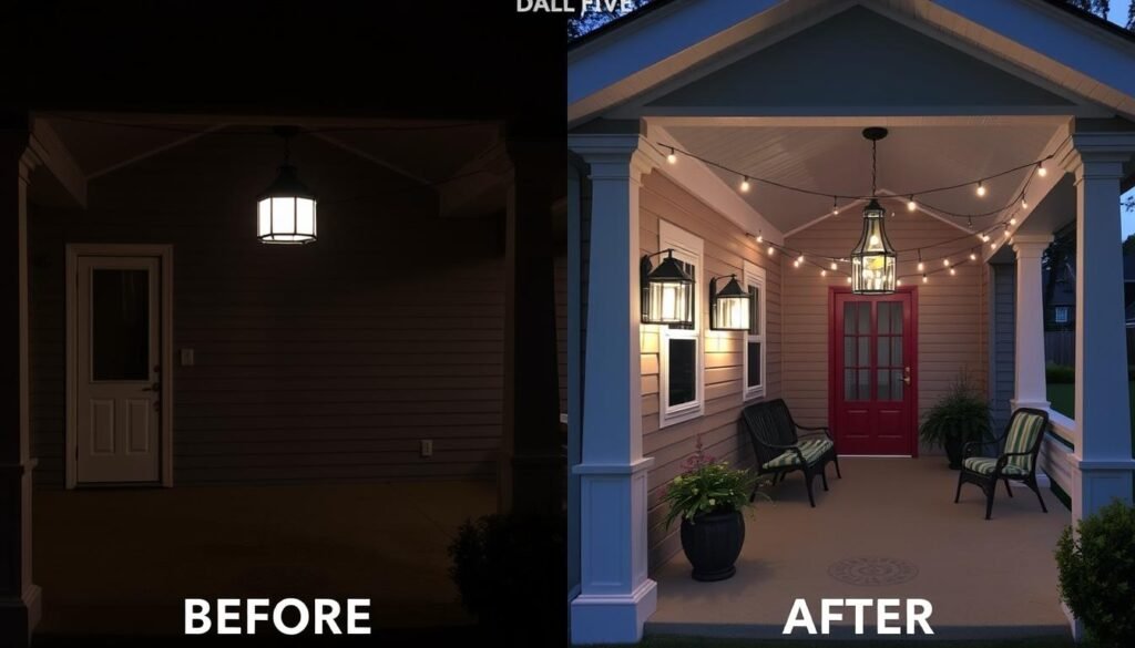 Before and after comparison of a porch transformation with new lighting showing dramatic improvement