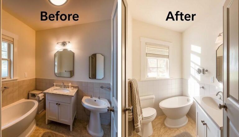 Before and after comparison of bathroom lighting showing dramatic improvement