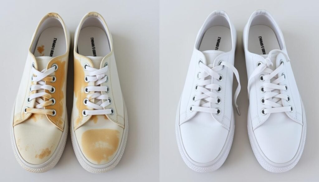 Before and after comparison of white canvas shoes cleaned with baking soda paste