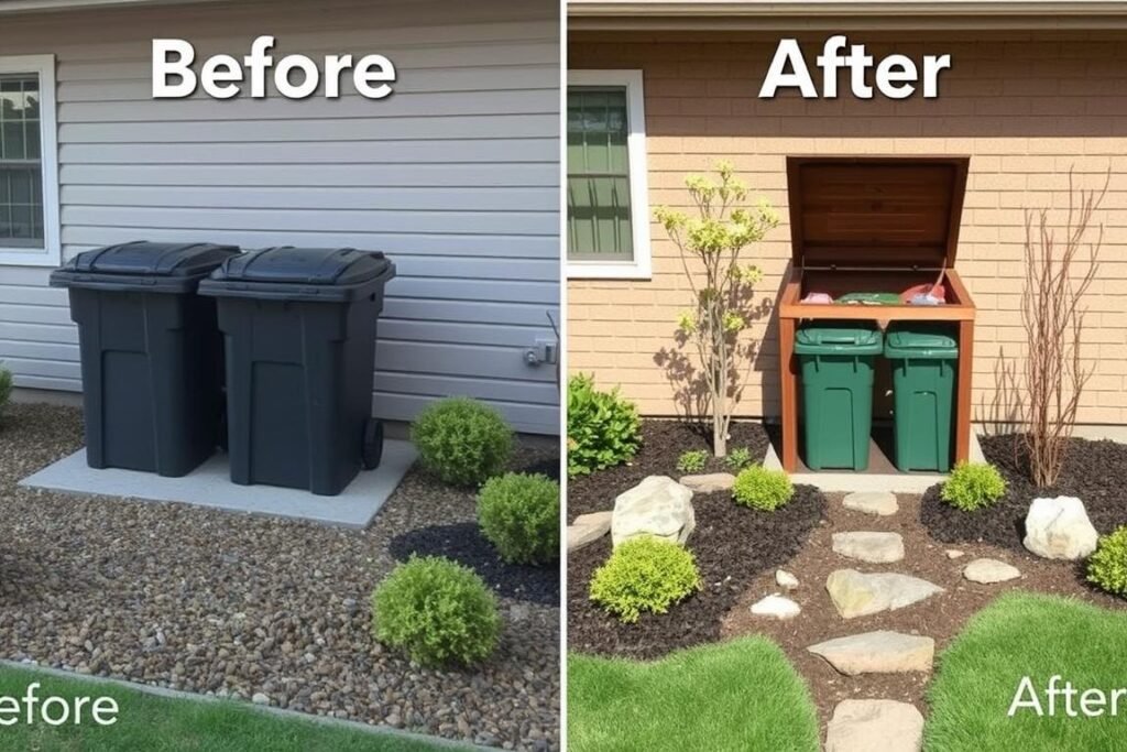 Before and after of a garbage can storage area transformed with landscaping Before and after of a garbage can storage area transformed with landscaping