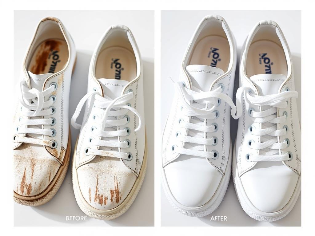 Before and after of cleaned white tennis shoes