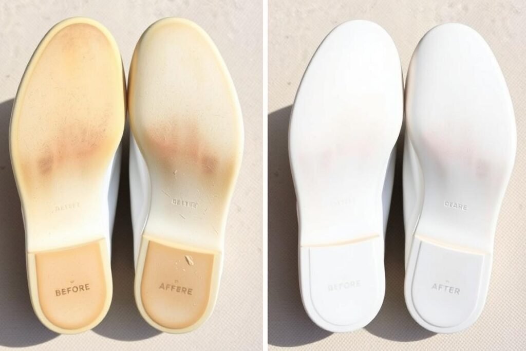Before and after of white shoe soles cleaned with baking soda paste