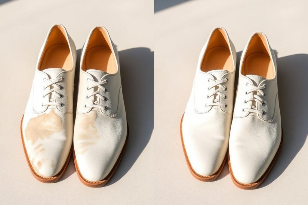 Before and after of white suede shoes cleaned with specialized suede cleaner