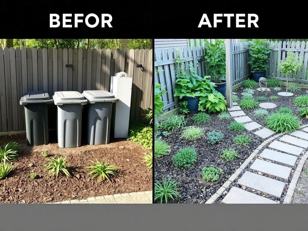 Before and after transformation of a trash can storage outdoor area with landscaping