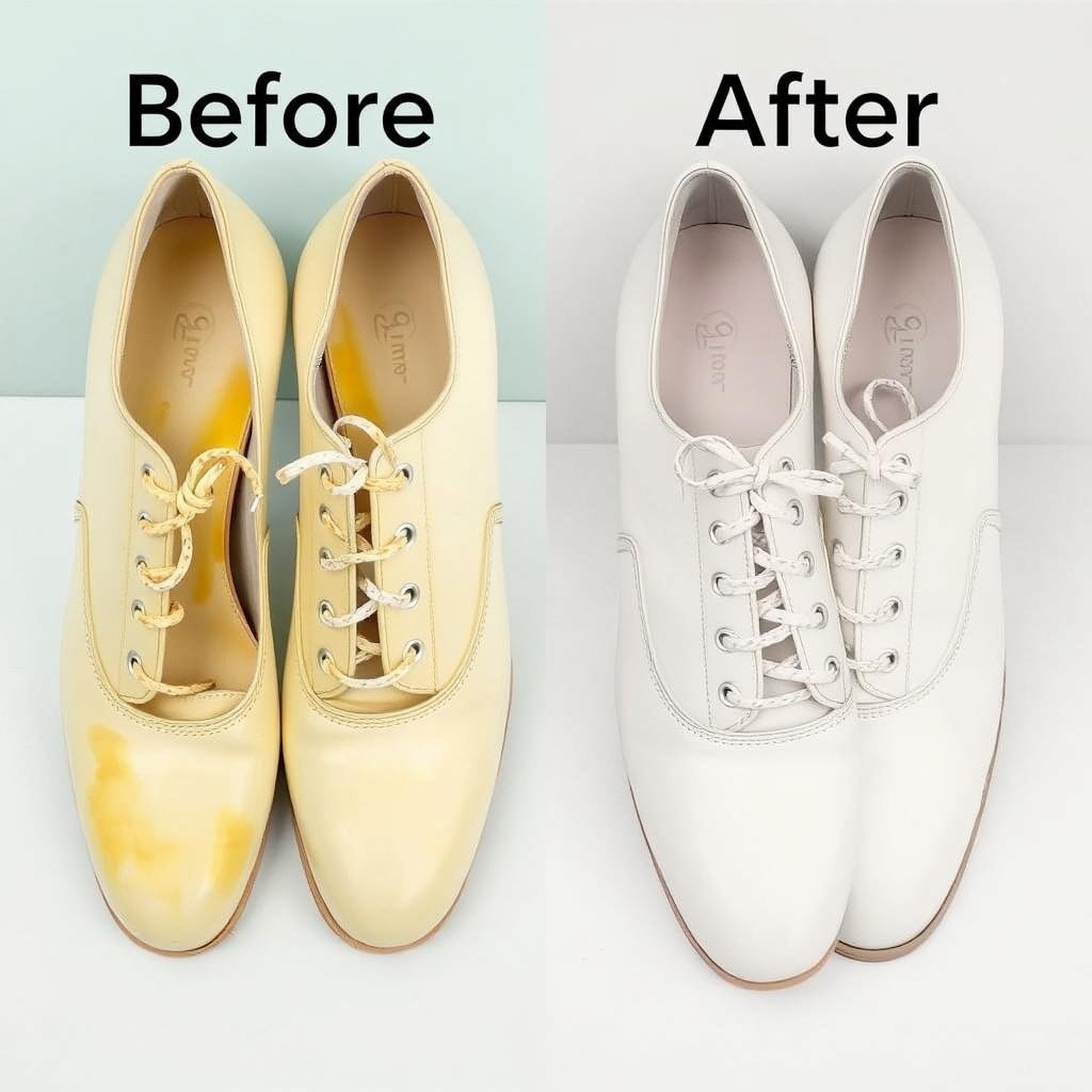 Before and after treatment of yellowing on off white shoes