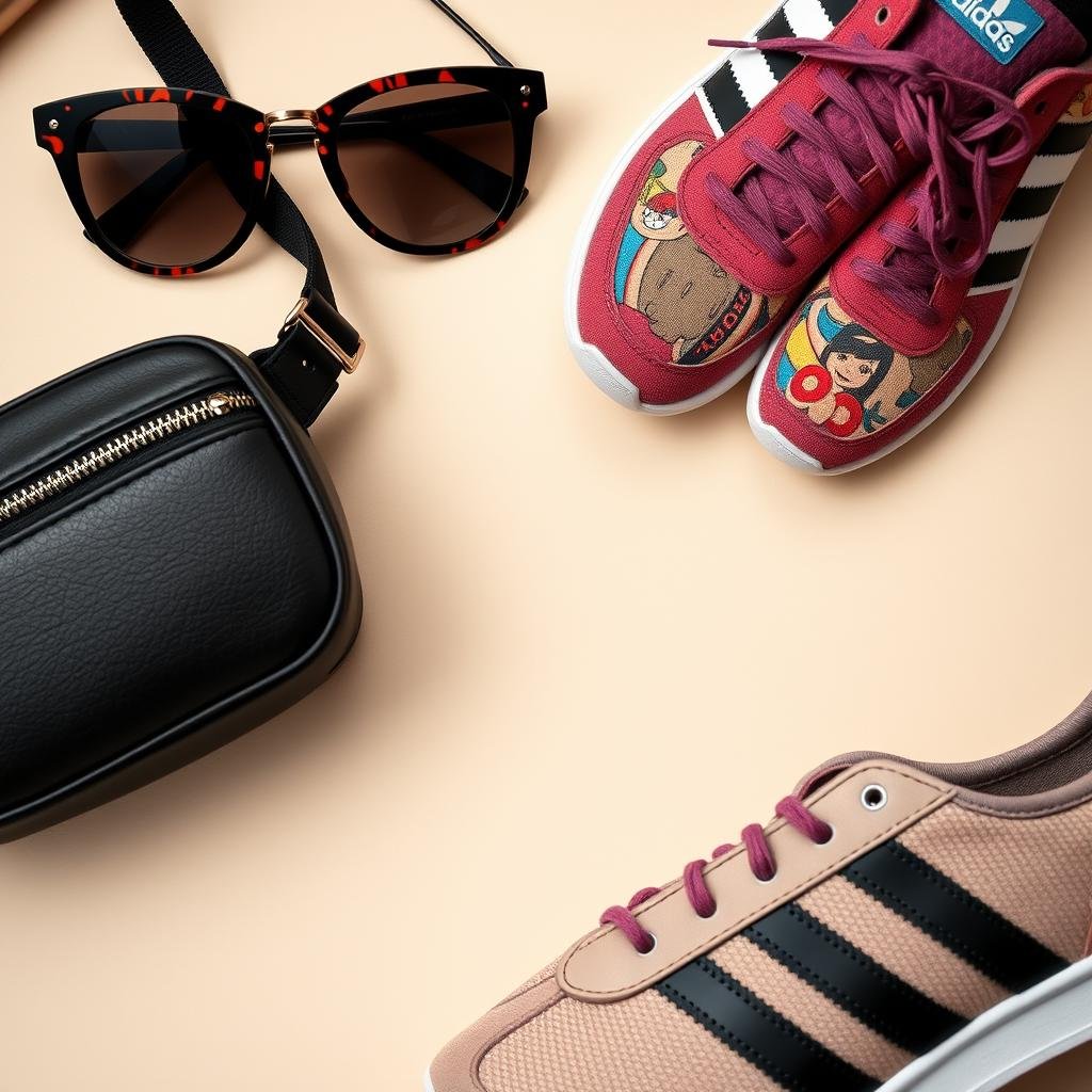 Belt bag and statement sunglasses paired with Adidas sneakers for a trendy adidas shoes women outfit