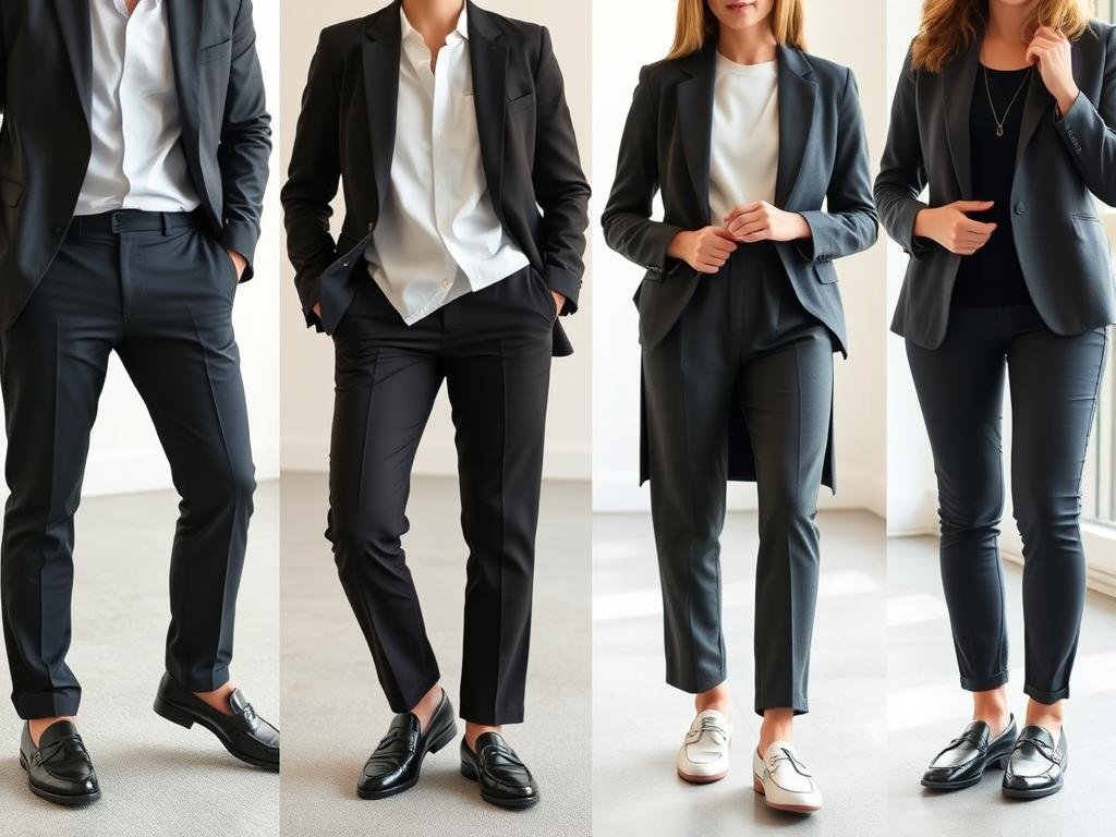 Black and white loafers styled with business casual outfits