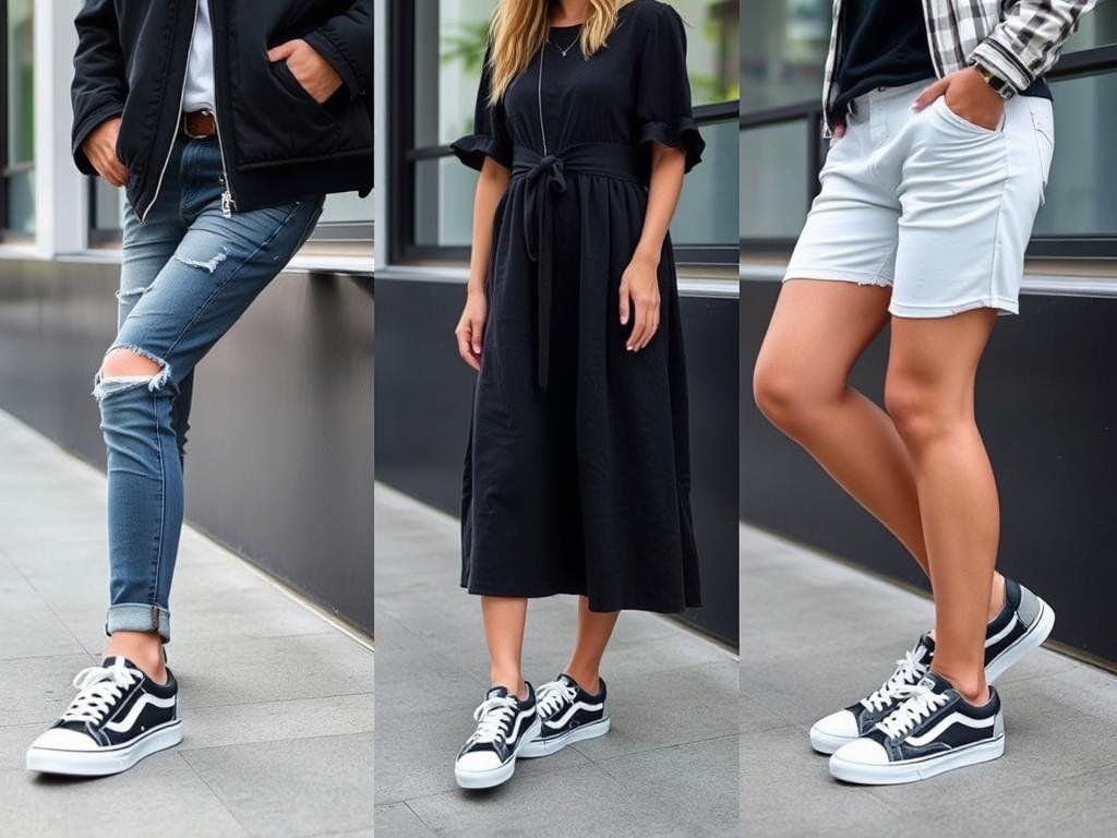 Black and white sneakers styled with different casual outfits