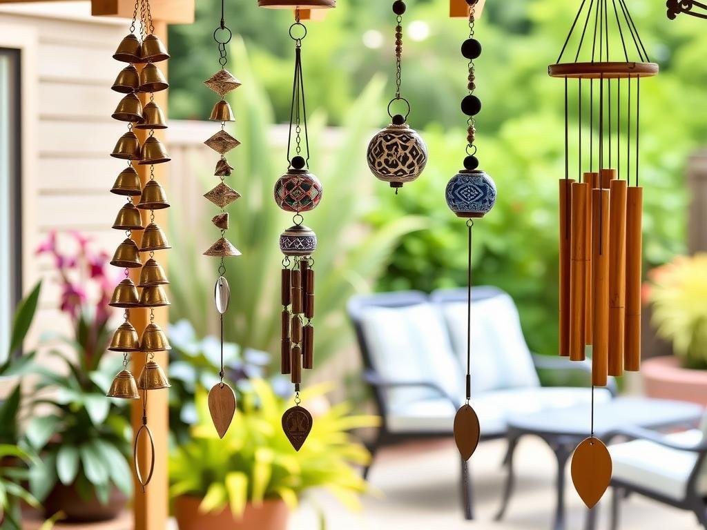 Bohemian wind chimes and bells hanging on an outdoor patio