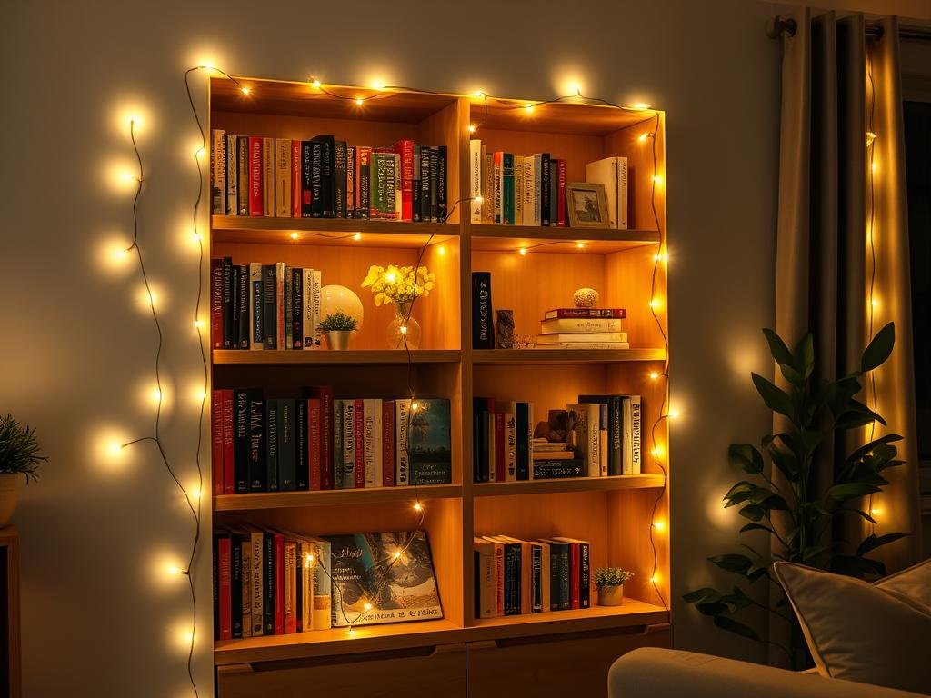 Bookshelf in a living room illuminated with string lights woven between books and decorative objects