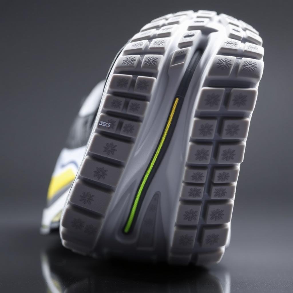 Bottom view of an ASICS shoe showing the Guidance Line technology on the outsole