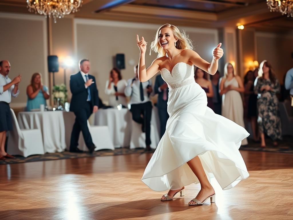 Bride dancing comfortably in low heel wedding shoes at reception