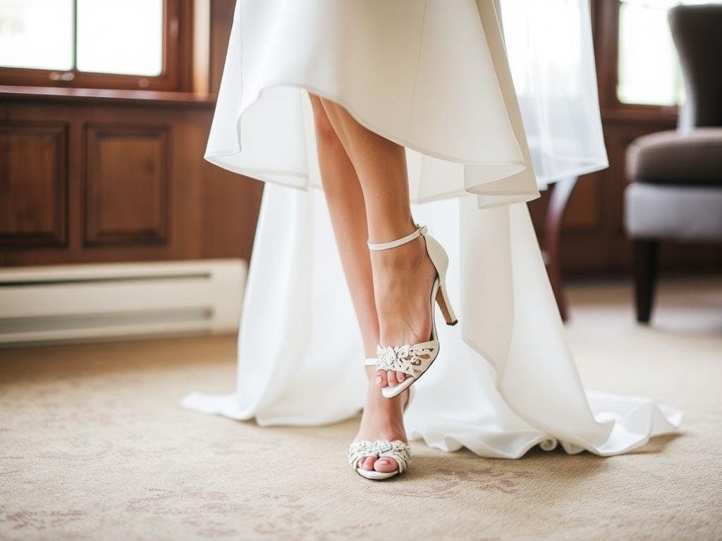 Bride in tea-length dress showing off decorative low heel bridal shoes