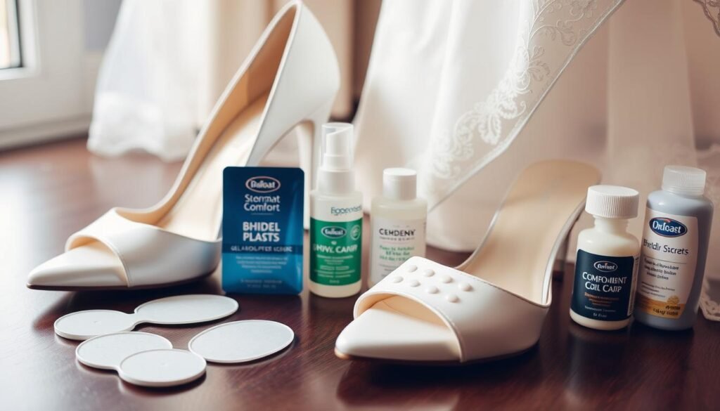 Bride preparing wedding shoes with comfort accessories