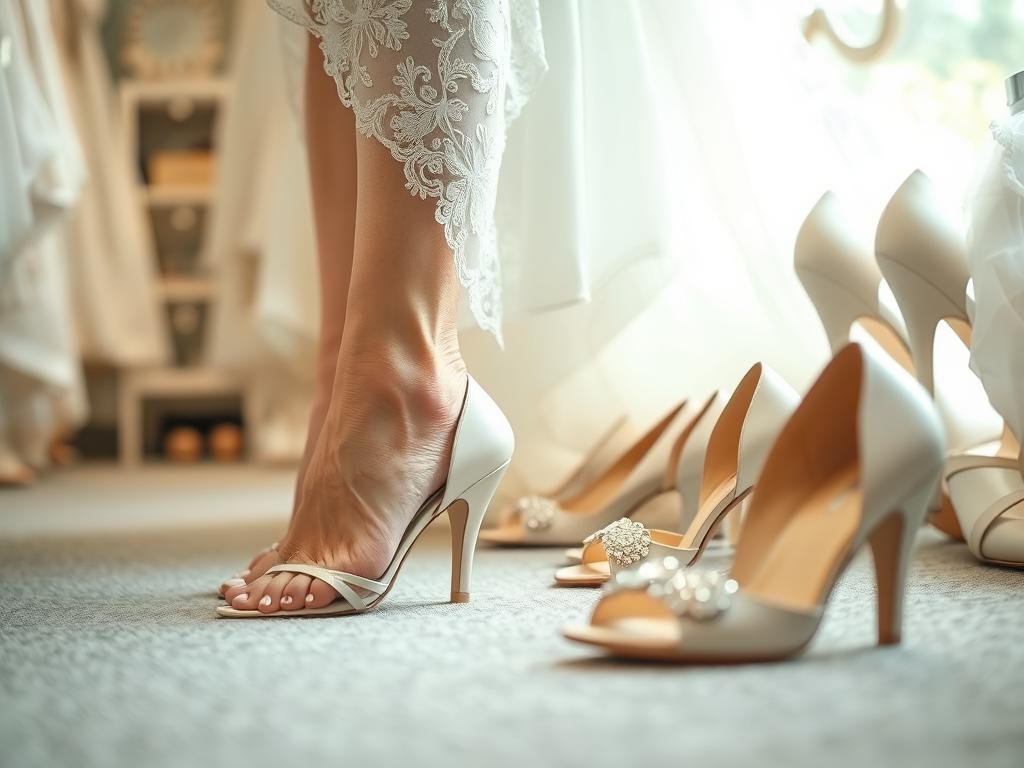 Bride trying on different styles of low heel bridal shoes