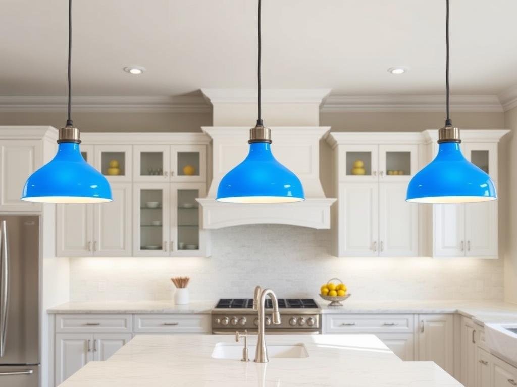 Bright colored pendant lights adding a pop of color to a neutral kitchen