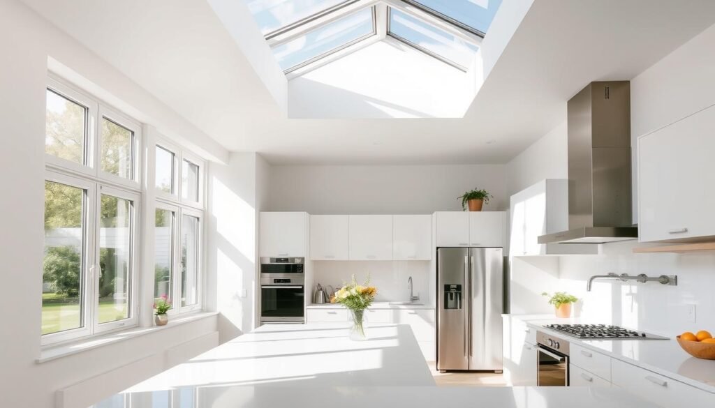 Bright kitchen with large windows and skylights