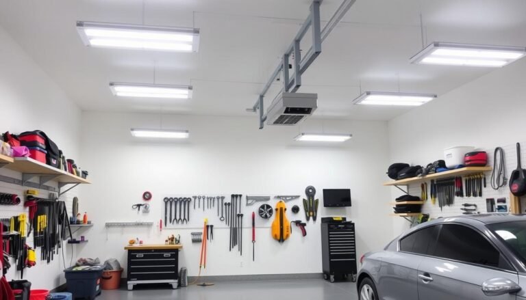 Bright, well-lit garage workshop with overhead LED lighting and task lighting at workbench