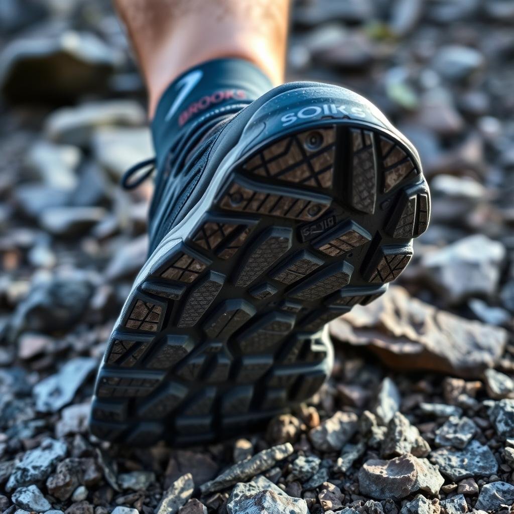 Brooks women's trail running shoes on rocky terrain