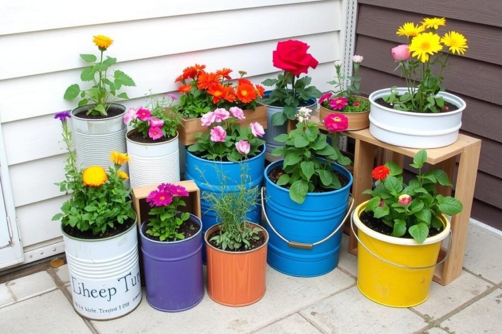 Budget container garden with repurposed planters on outdoor patio
