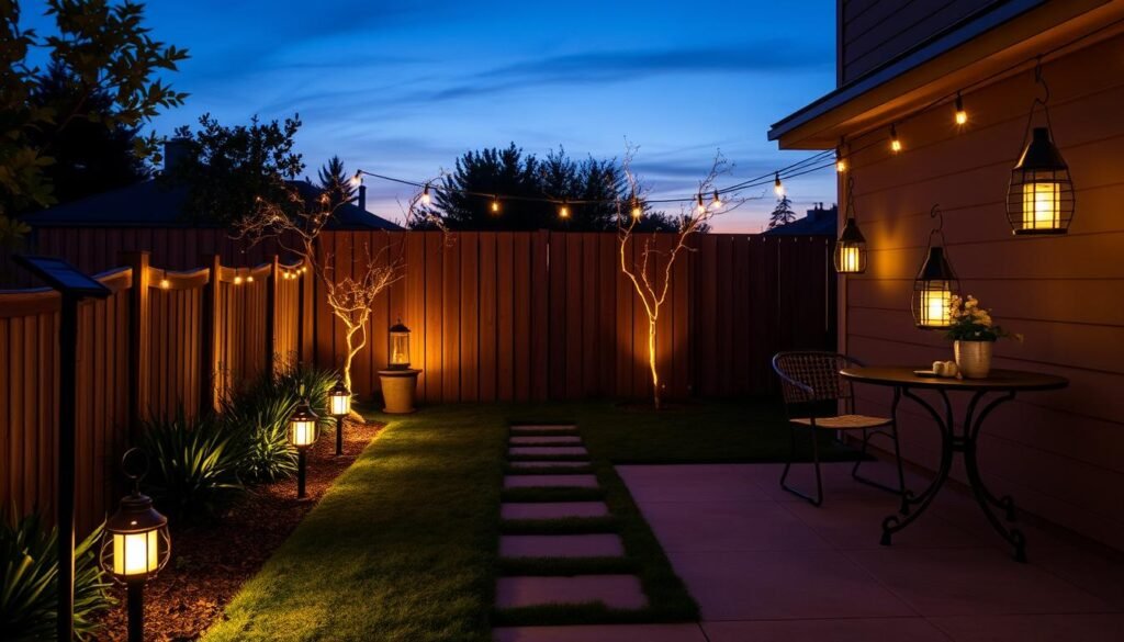 Budget patio illuminated with solar path lights and lanterns at dusk