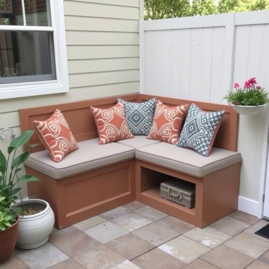 Built-in corner bench with storage underneath maximizing a small patio