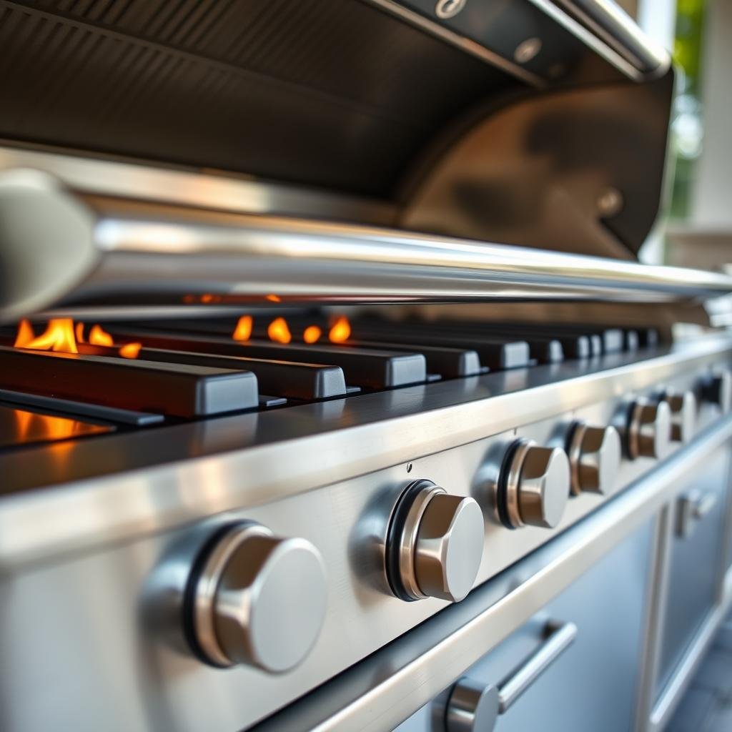 Built-in gas grill with side burners in outdoor kitchen