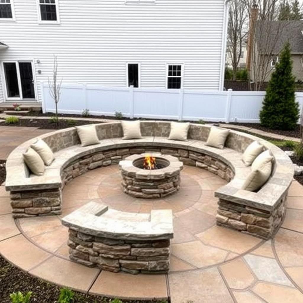 Built-in stone bench with cushions around a fire pit