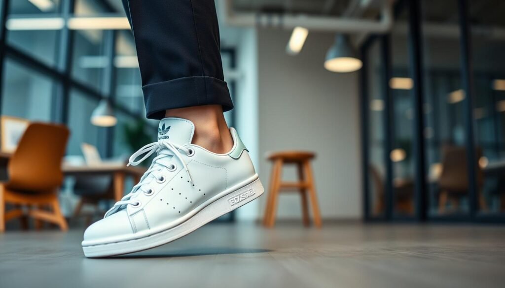 Business casual outfit with adidas Stan Smith shoes, chinos and button-down shirt