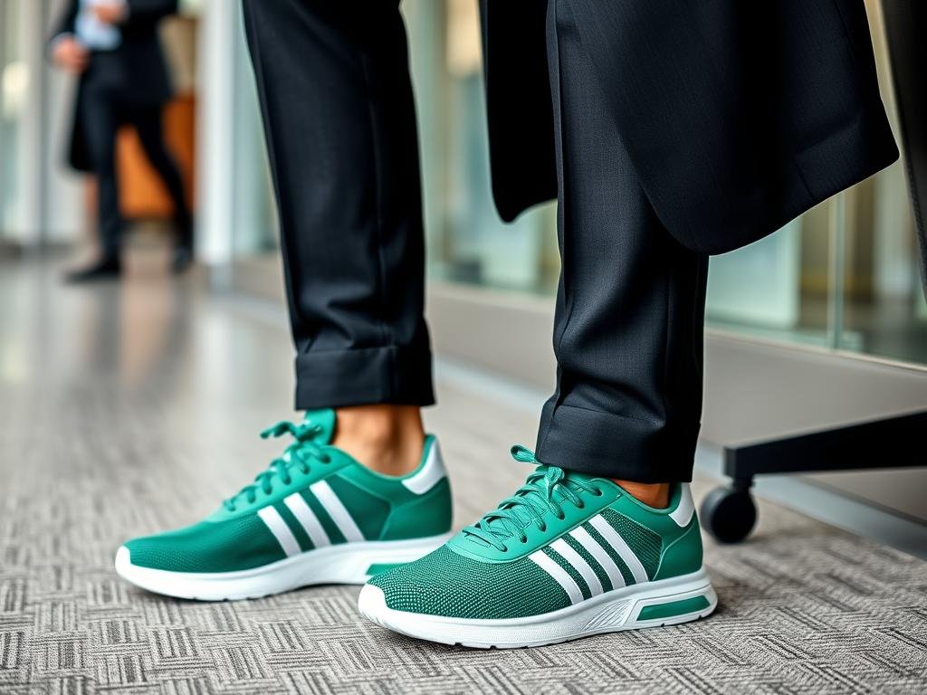 Business casual outfit with green Adidas sneakers, tailored trousers and blazer