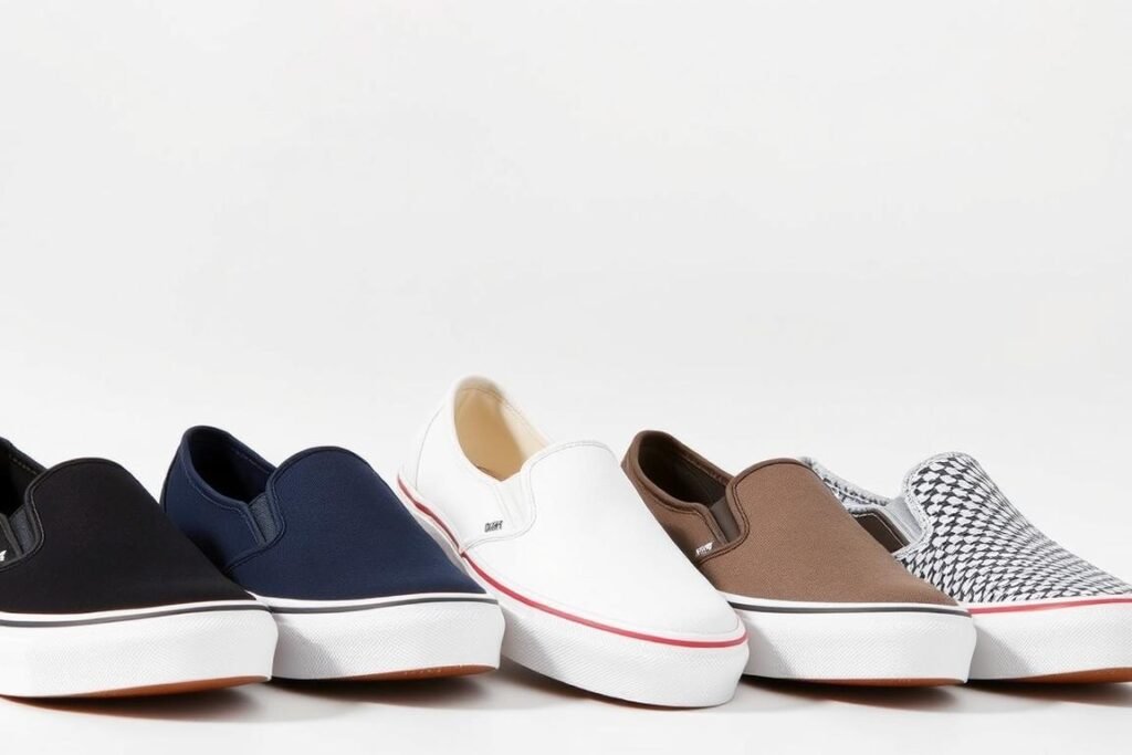 Canvas slip-on sneakers in various colors arranged in a row