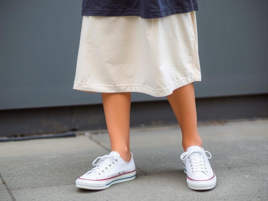 Canvas tennis shoes with a casual t-shirt dress